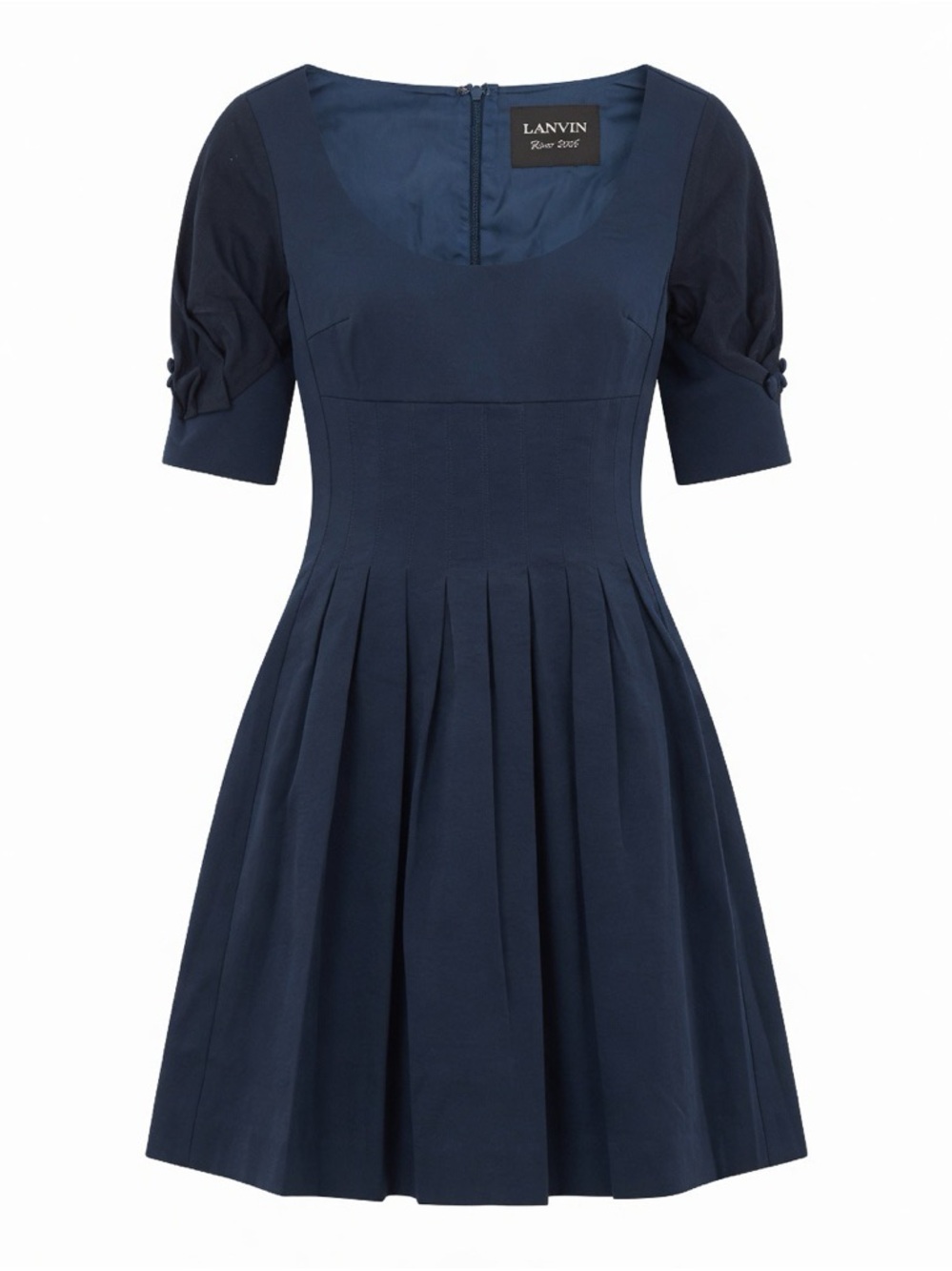 Lanvin Navy Square-Neck Pleated Midi Dress